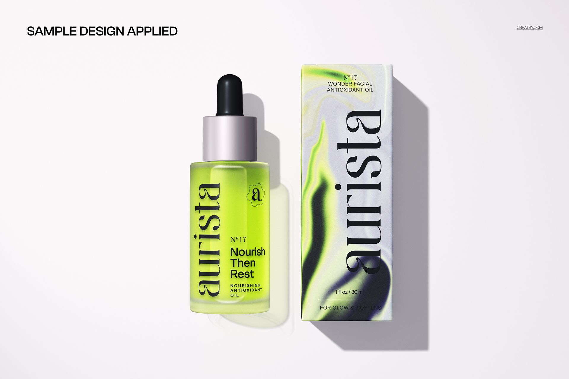 Dropper bottle and carton mockup displayed side by side, showcasing green tones and modern typography on a light background.