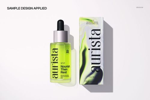 Dropper bottle and carton mockup displayed side by side, showcasing green tones and modern typography on a light background.