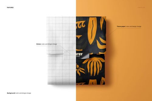 PSD mockup of rectangular tissue paper packaging, half in white grid and half in dark with orange botanical designs.