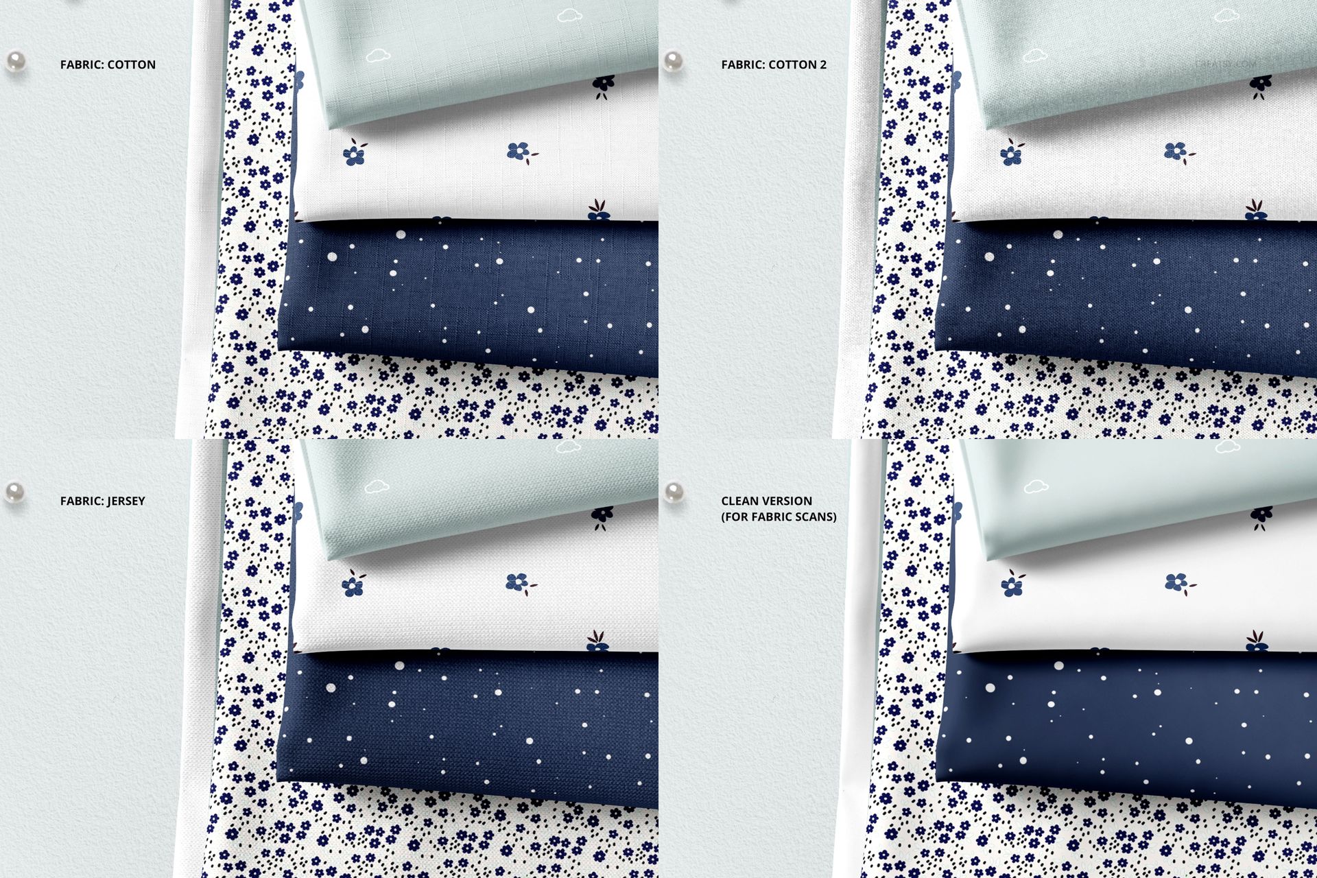 Fabric stack mockup with cotton and jersey textiles, featuring floral and dotted designs in blue and white shades.