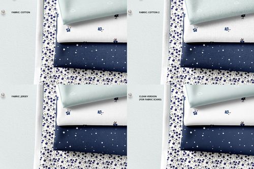 Fabric stack mockup with cotton and jersey textiles, featuring floral and dotted designs in blue and white shades.
