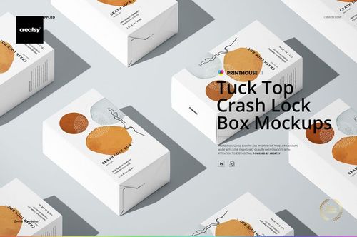 PSD mockup of packaging boxes with tuck top crash lock design, displaying abstract artwork in orange and gray tones.
