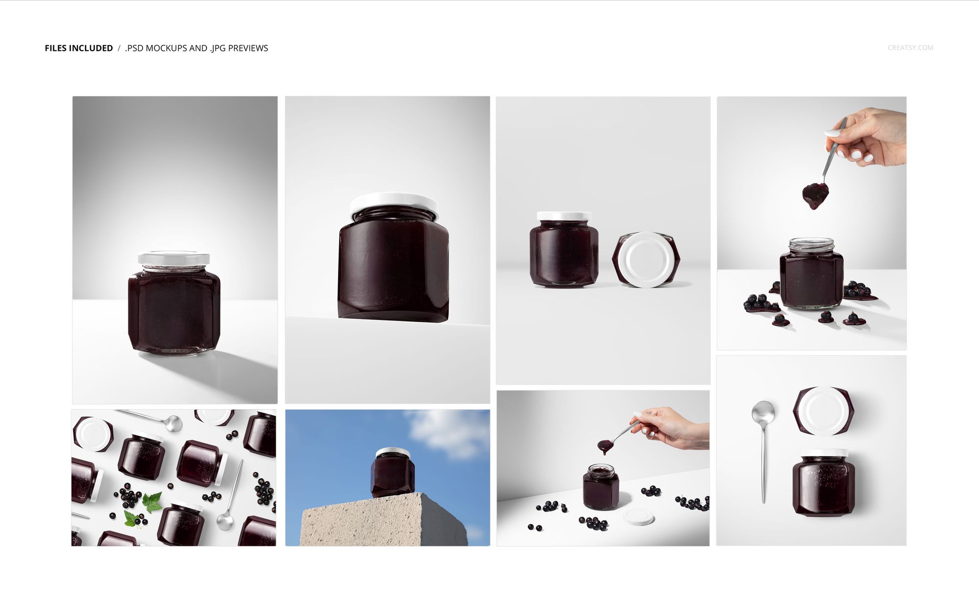 Blackcurrant jam jar mockup set showing multiple glass jars filled with dark purple jam from various angles.