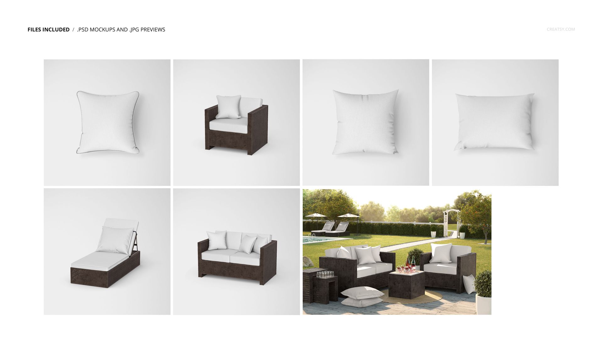 PSD mockup of outdoor rattan chair, sofa, and lounger with white cushions and pillows in a garden setting.