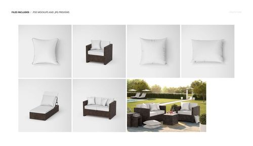 PSD mockup of outdoor rattan chair, sofa, and lounger with white cushions and pillows in a garden setting.