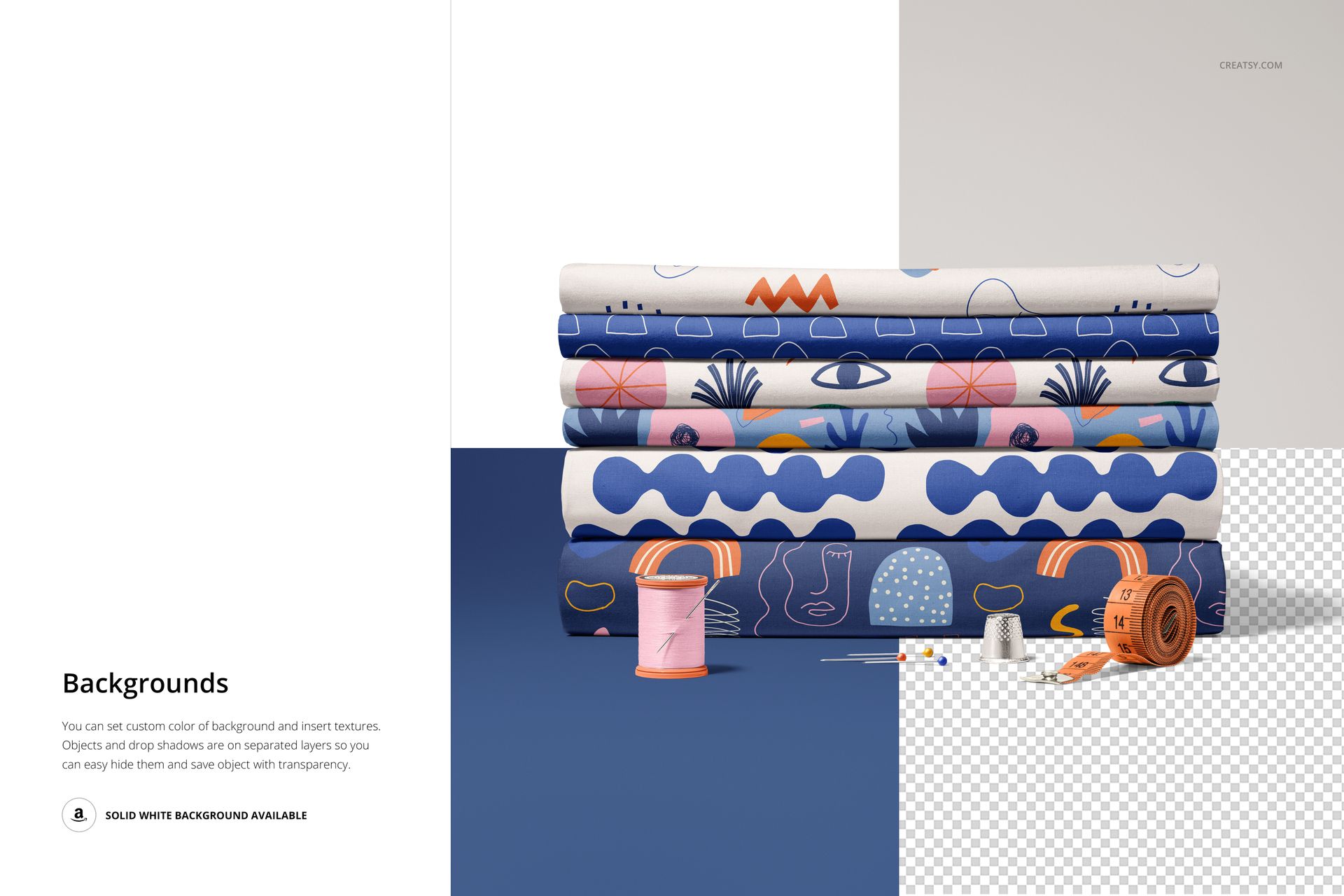 Folded fabrics mockup featuring various blue and orange designs, displayed with spools, thread, and thimble in front.