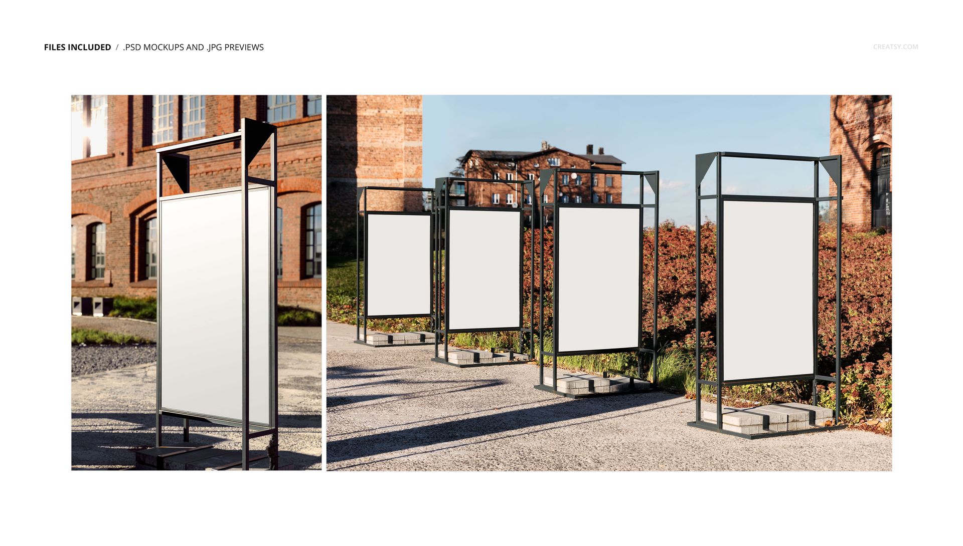 Outdoor scene featuring multiple blank poster mockups in black metal stands, arranged in front of brick industrial architecture.
