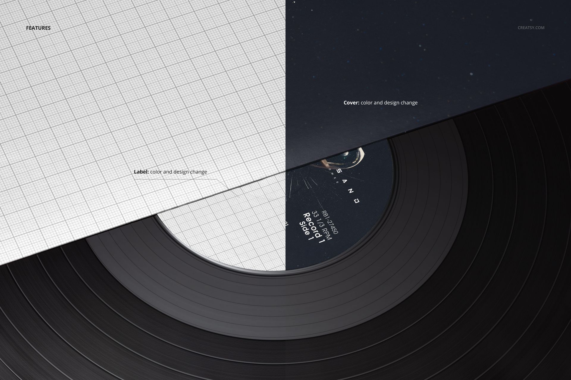 Black vinyl record mockup with half of the cover displaying a grid pattern and the other half a dark starry design.