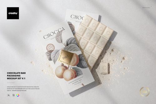 Chocolate bar packaging mockup featuring two rectangular boxes with botanical illustrations and a white chocolate bar on a light surface.