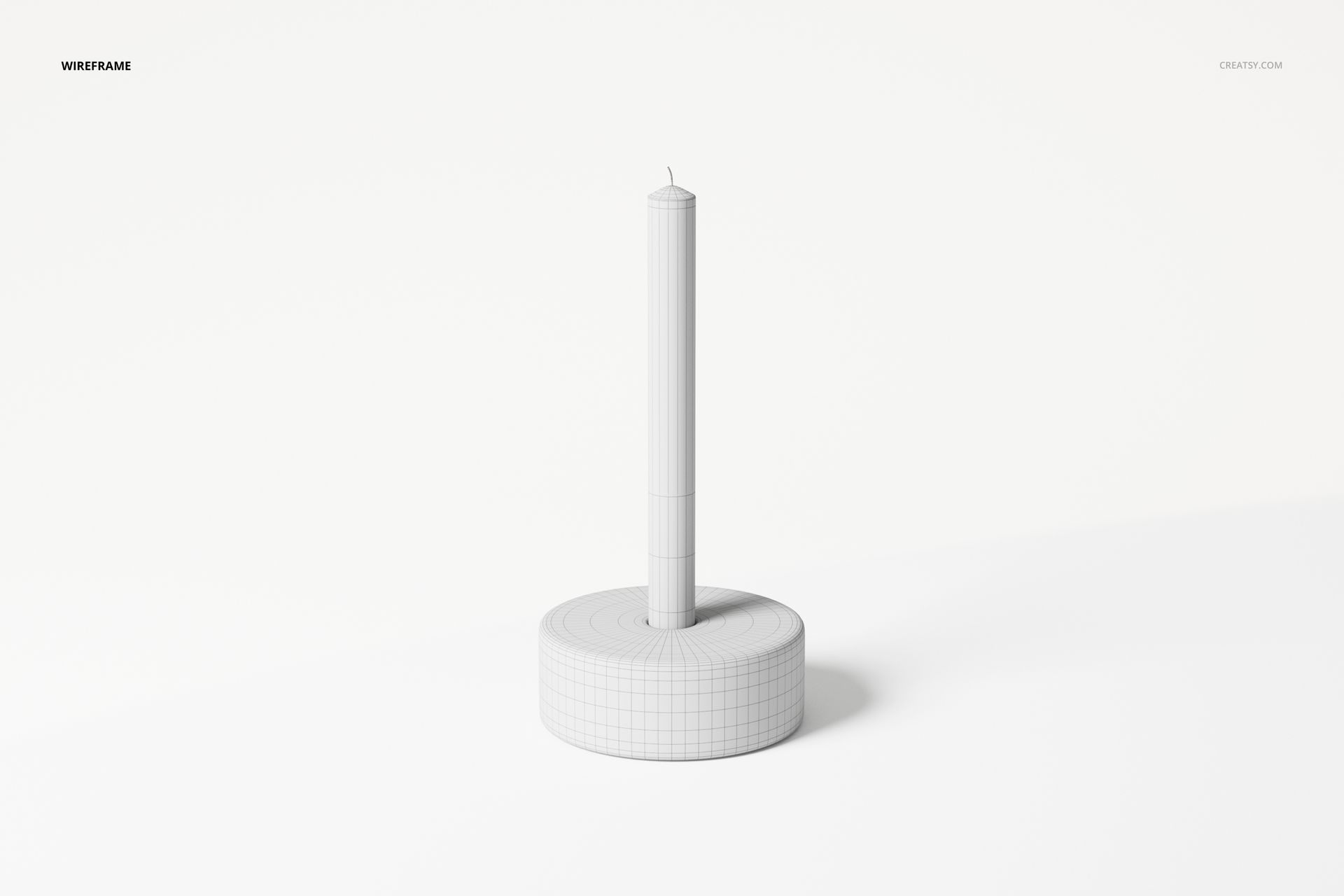 Wireframe 3D model of a candlestick with a tall cylindrical candle on a round base, shown on a white background.