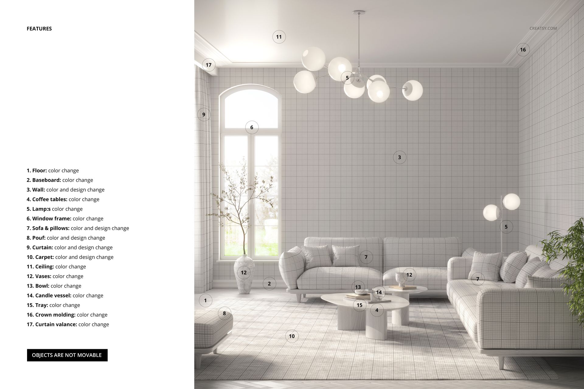 Modern living room mockup with white grid-patterned walls, large windows, neutral sofas, and round pendant lights.