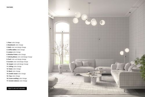 Modern living room mockup with white grid-patterned walls, large windows, neutral sofas, and round pendant lights.