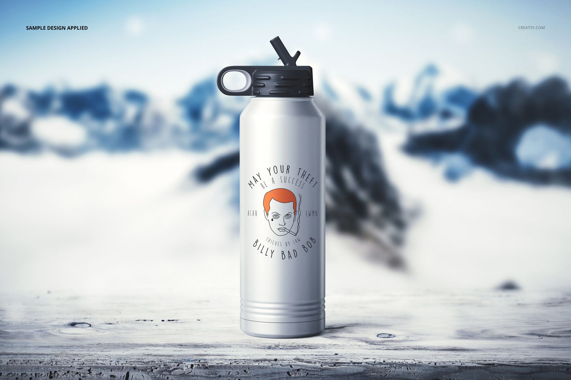 Large silver water bottle mockup with handle lid, standing on white wood table, snowy landscape in background.