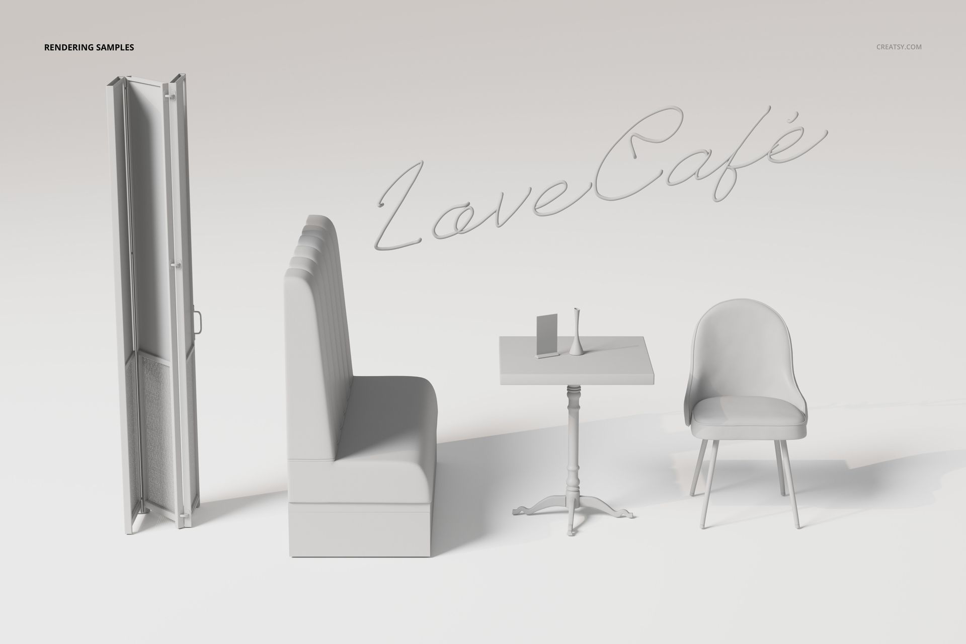 Faux leather cafe furniture set including a booth seat, table, and chair in neutral tones, front view on white background.
