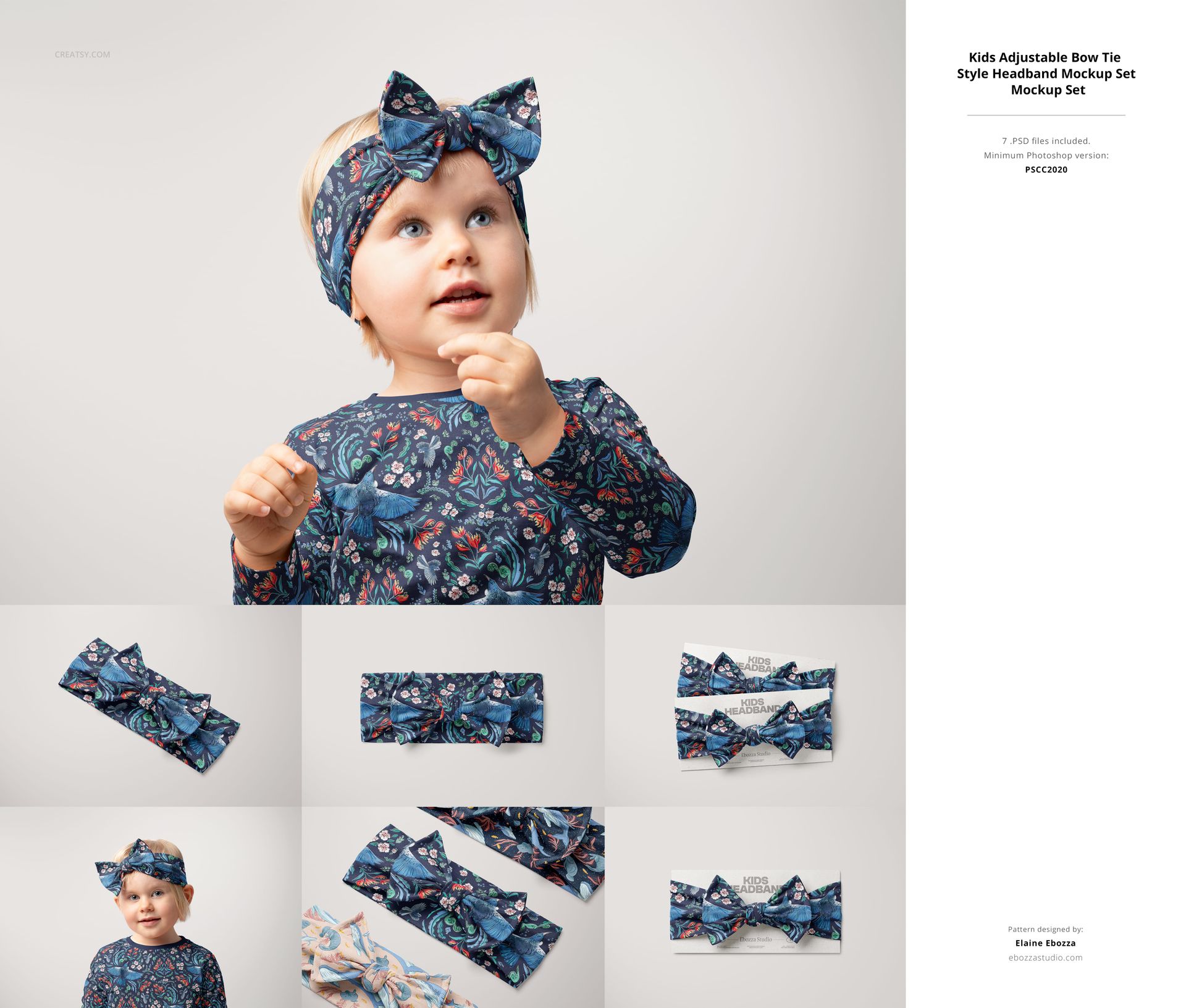 Front view of a child wearing a blue patterned bow tie headband and matching shirt, with mockup samples below.