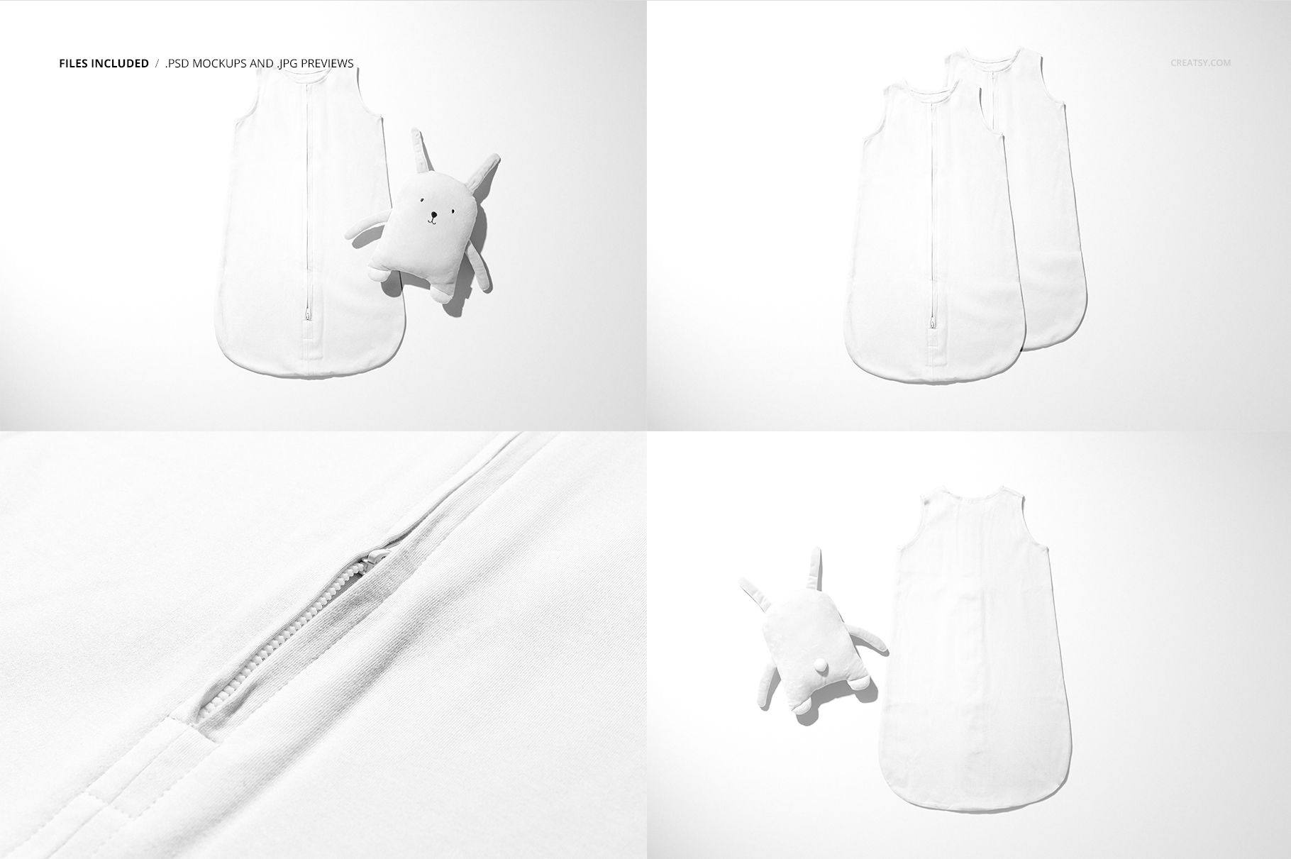 Four views of a baby wearable blanket mockup, featuring soft fabric and a removable plush toy beside the garment.