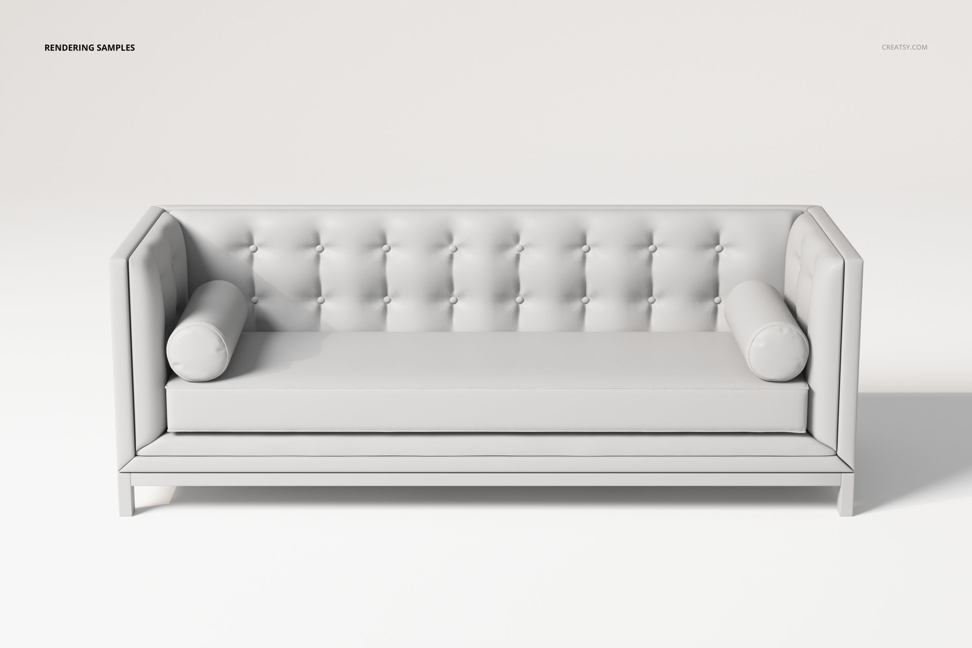 Front view of an early 19th century style sofa with tufted backrest, straight arms, and two cylindrical cushions in a light color.