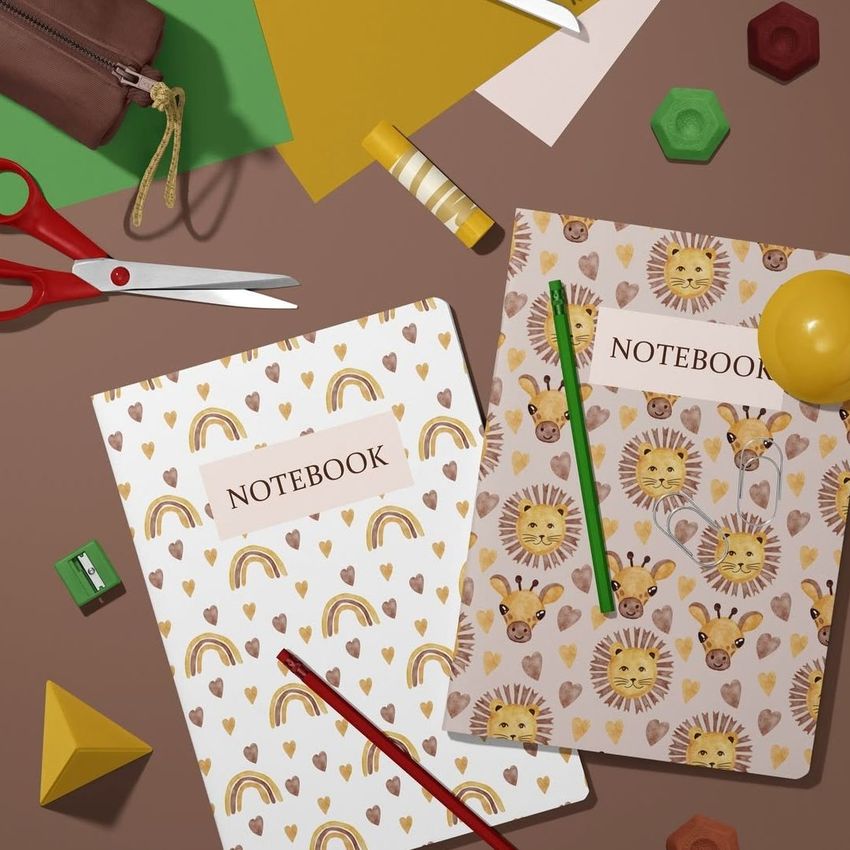 Stationery mockup featuring two classic A4 notebooks with playful covers, surrounded by colorful office supplies on a brown surface.