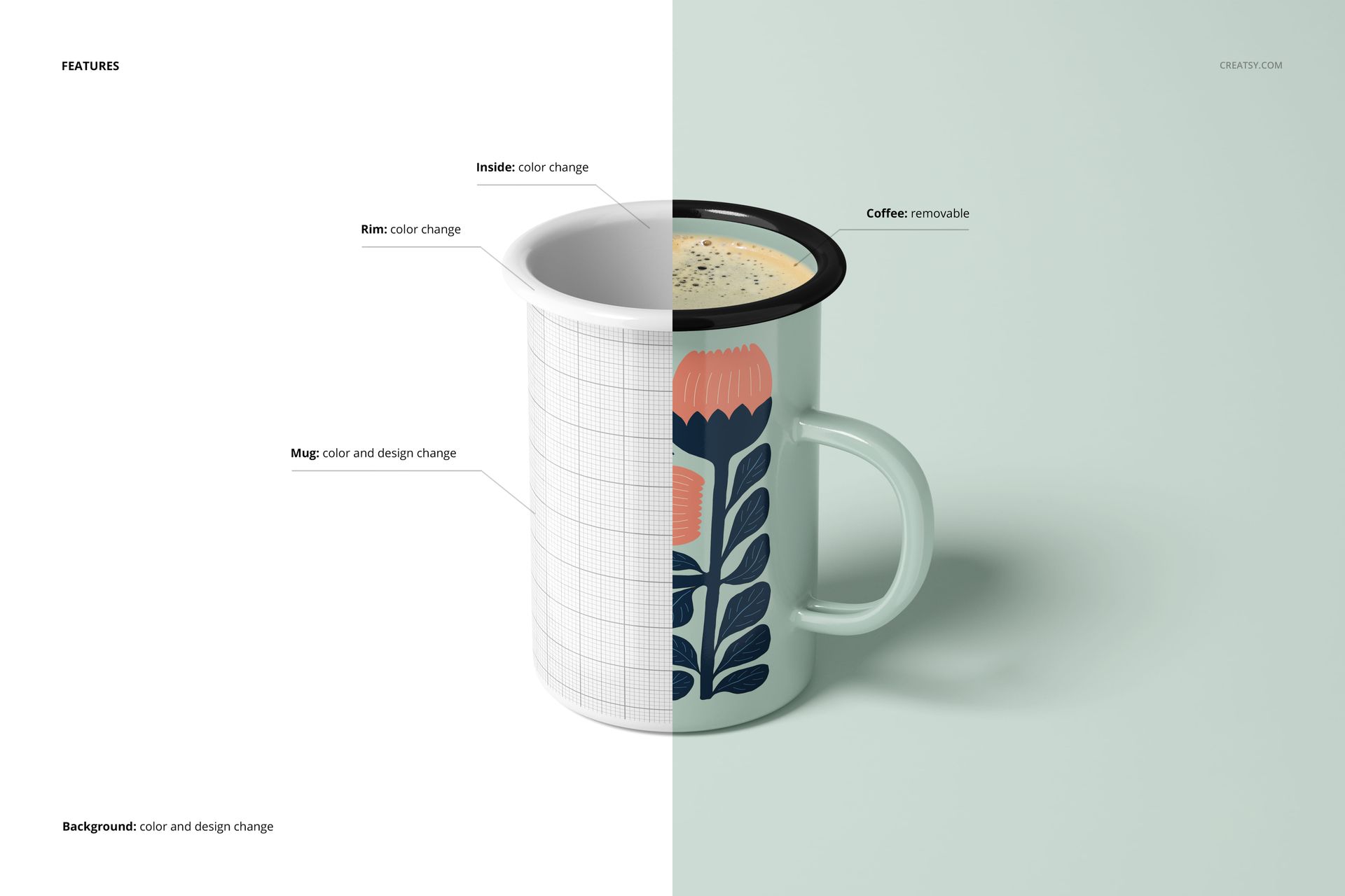 Enamel mug mockup in a split scene, featuring a customizable grid and a stylized flower design with a light background.