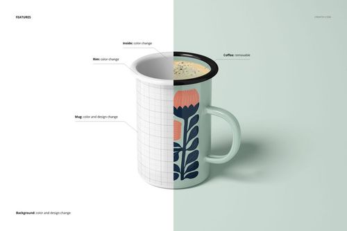 Enamel mug mockup in a split scene, featuring a customizable grid and a stylized flower design with a light background.
