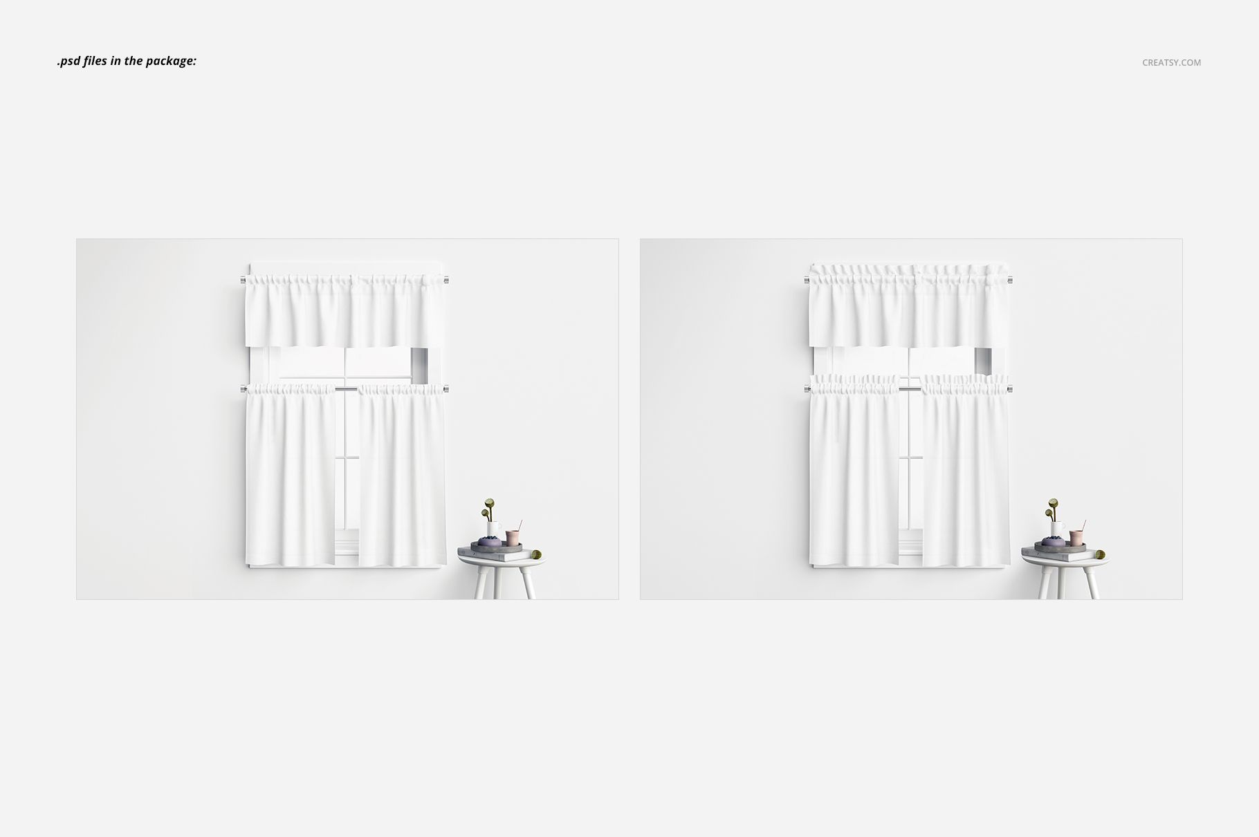 Front view of a white valance and cafe curtains mockup set, displayed on a wall with a small round table and decorative items.