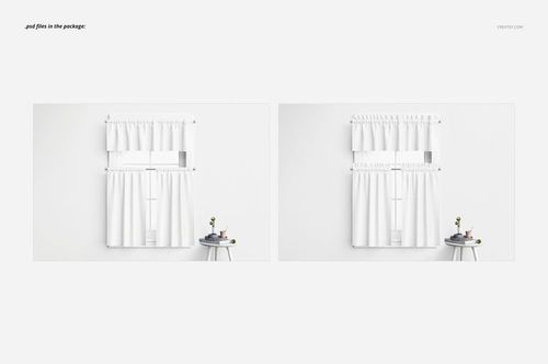 Front view of a white valance and cafe curtains mockup set, displayed on a wall with a small round table and decorative items.