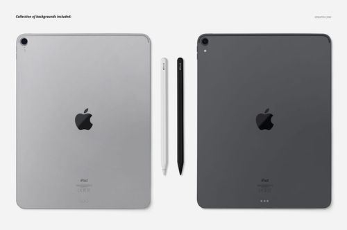 PSD mockup featuring two iPad Pro devices in different colors, positioned next to white and black styluses on a neutral background.