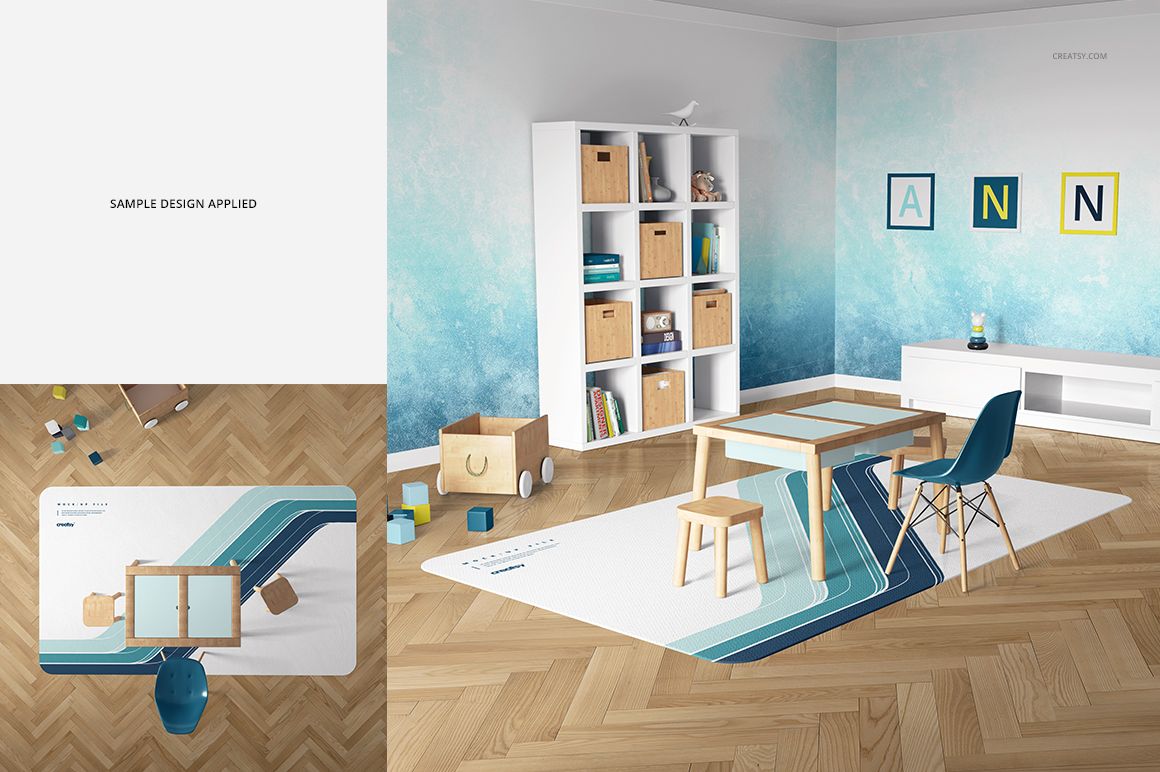 Kids room carpet mockup featuring a rectangular rug with blue geometric lines, seen in a modern playroom setting.