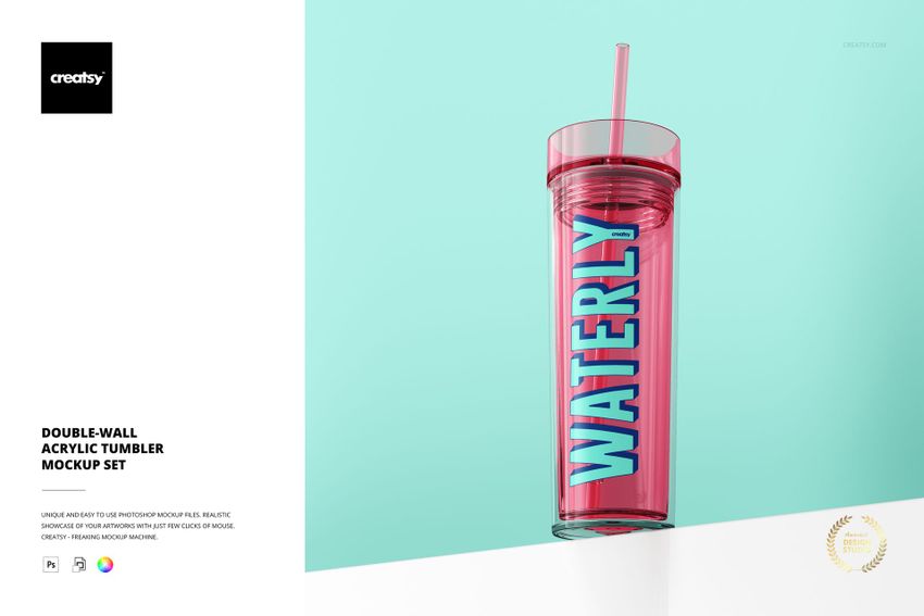 Double-wall tumbler mockup with clear acrylic body and colored drink, set against a minimal blue and white backdrop.