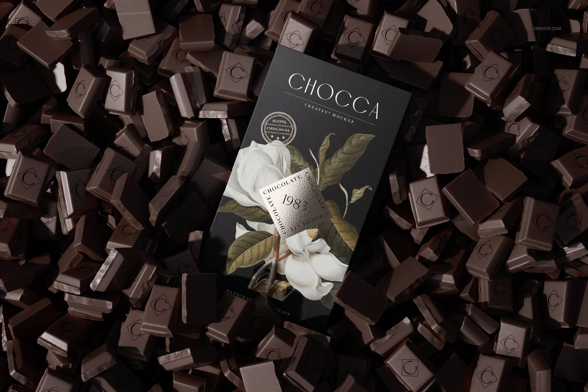 Chocolate bar packaging mockup featuring a floral wrapper surrounded by numerous square chocolate pieces.