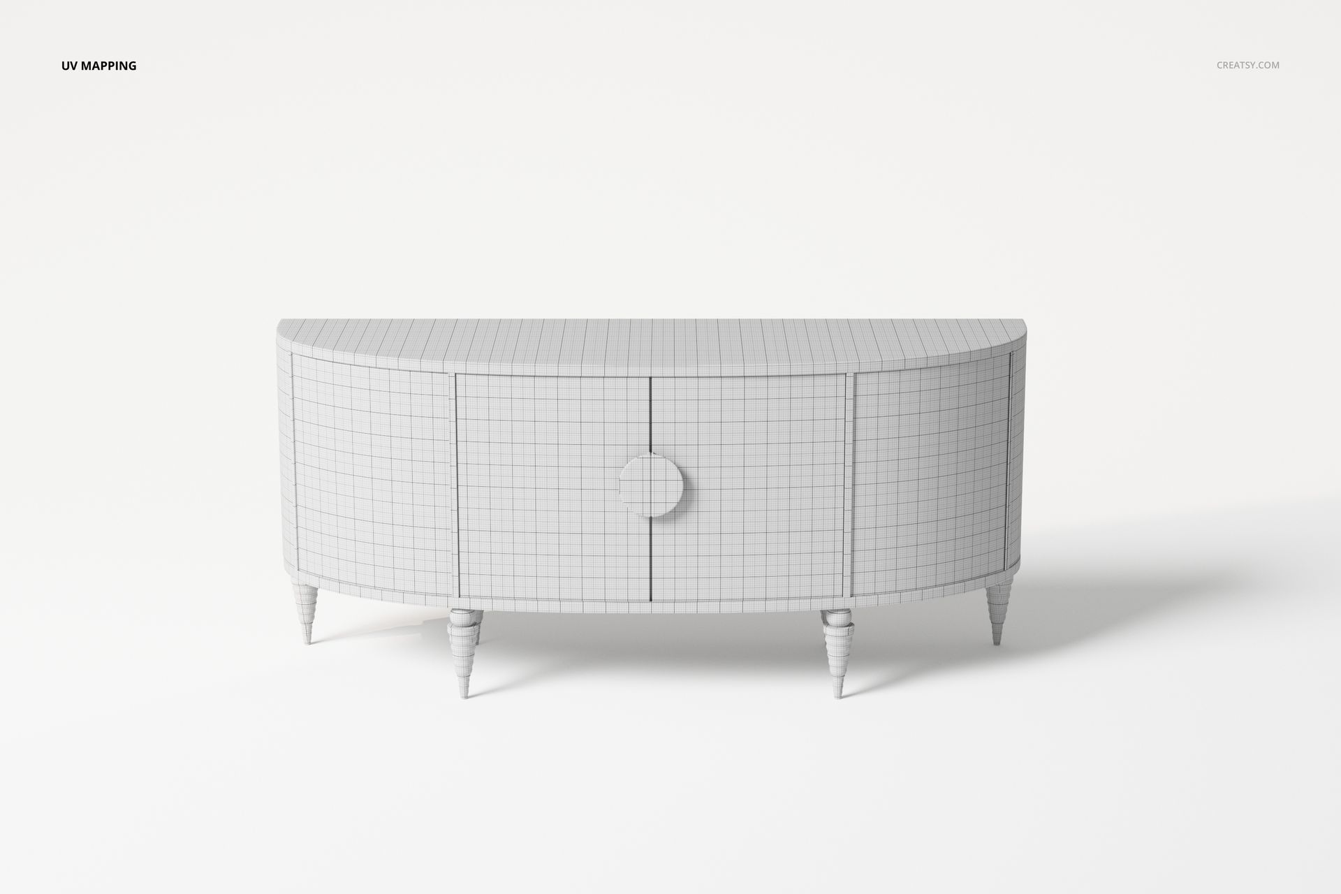 Front view of a sideboard with rounded ends, shown in a wireframe mesh design on a plain white background.