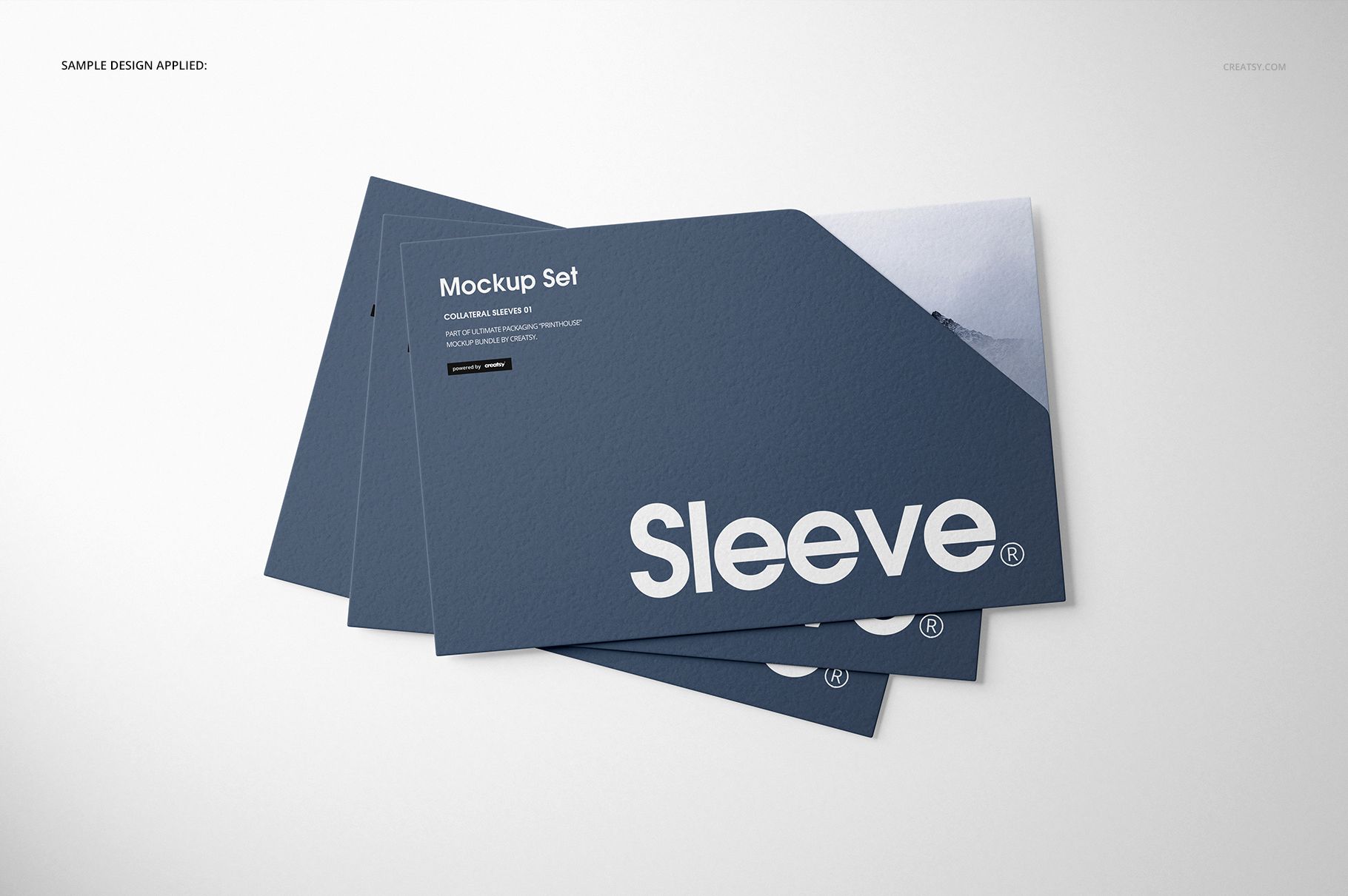 Stacked collateral sleeves mockup with a blue cover, large white lettering, and subtle shadowing on a plain background.