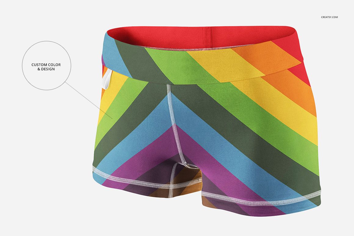 Compression shorts PSD mockup featuring bold diagonal rainbow stripes, red waistband, and visible seam details on a white backdrop.