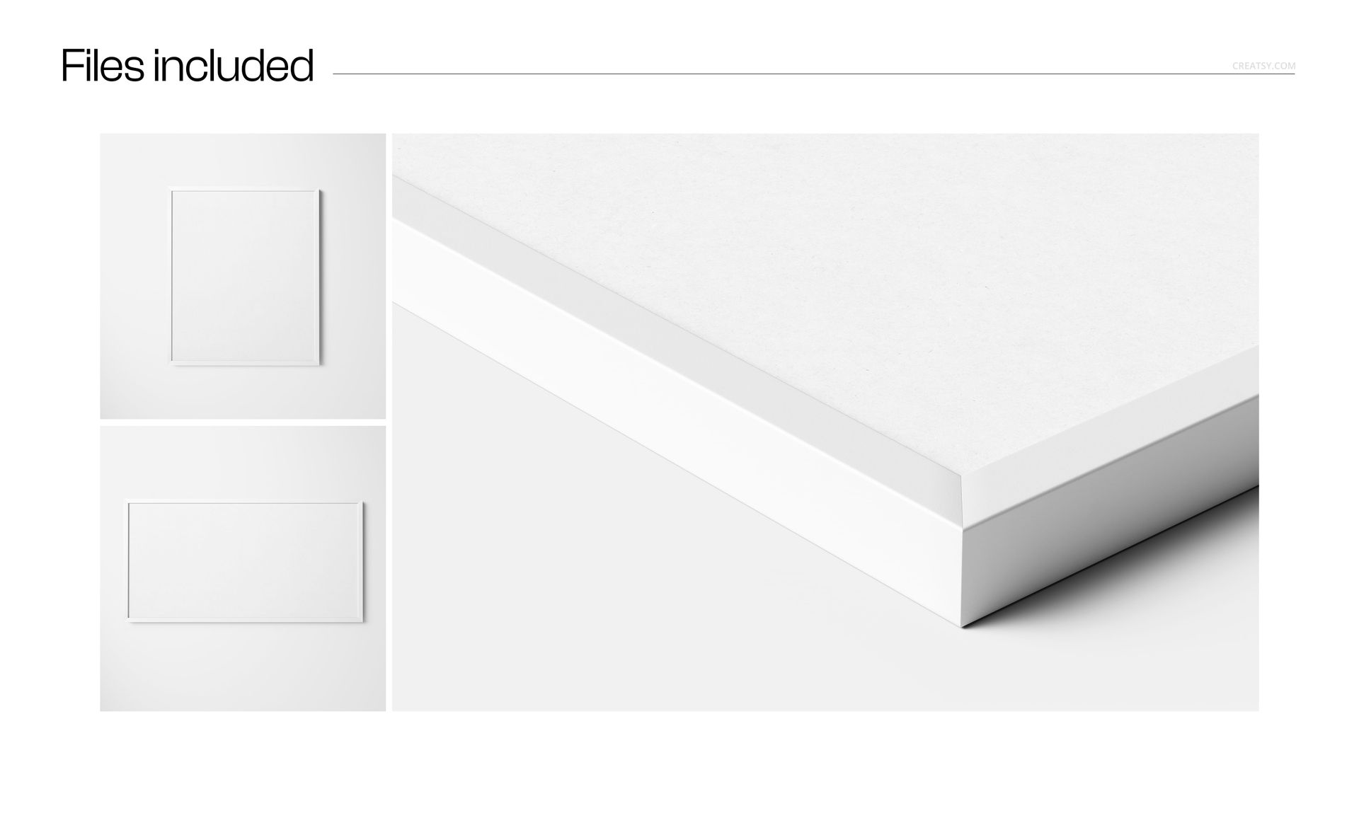 Closeup view of a solid wooden frame mockup set featuring white frames in vertical and horizontal formats on a light background.
