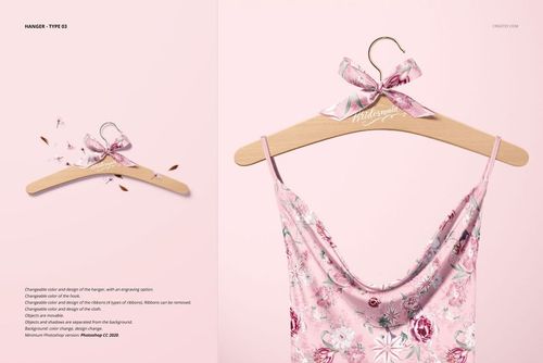 Wooden hanger mockup with customizable floral ribbon and pink patterned dress, displayed on a soft pastel background.