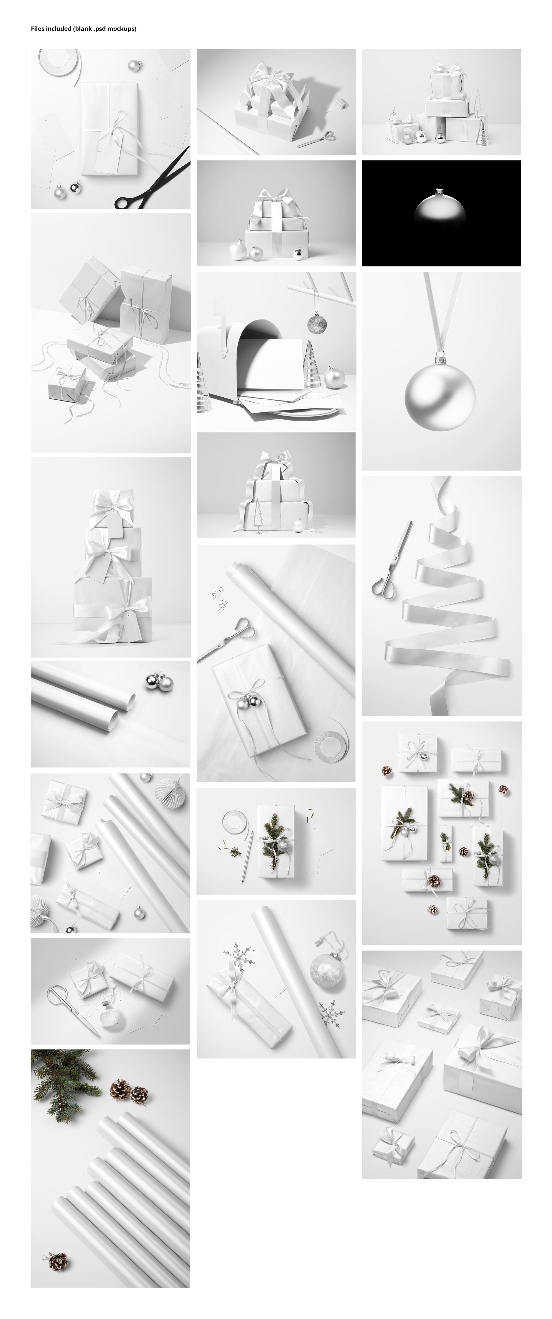 Christmas decor and gift wrapping mockup bundle featuring wrapped presents, ornaments, bows, and festive props in a bright, minimal setting.
