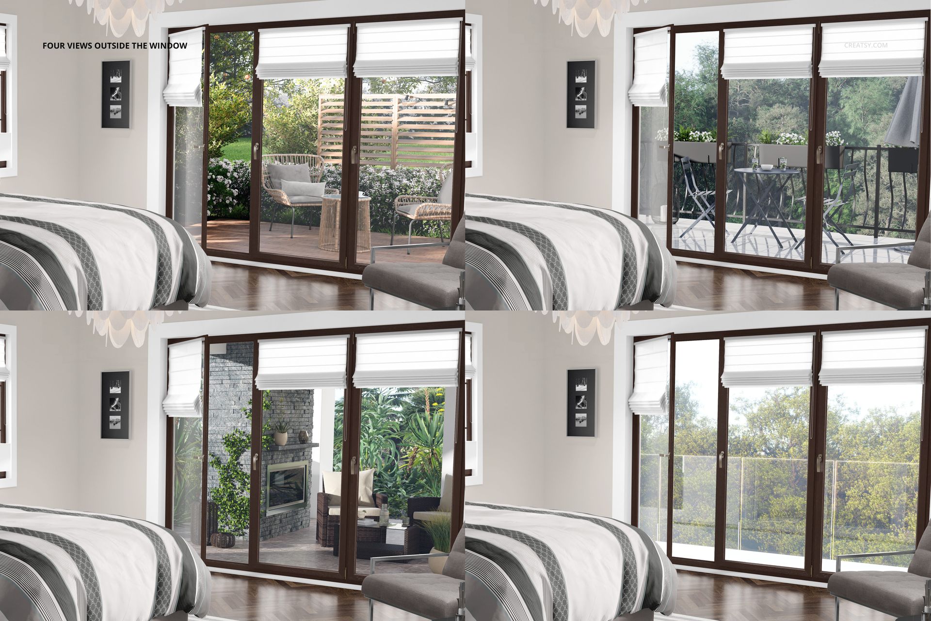 Bedroom bedding mockup featuring a neatly made bed with striped covers, wooden floor, and large glass windows overlooking gardens.