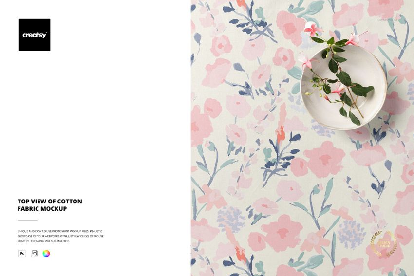 Cotton fabric mockup shown from above, featuring pastel pink and blue flowers and a round bowl with foliage.