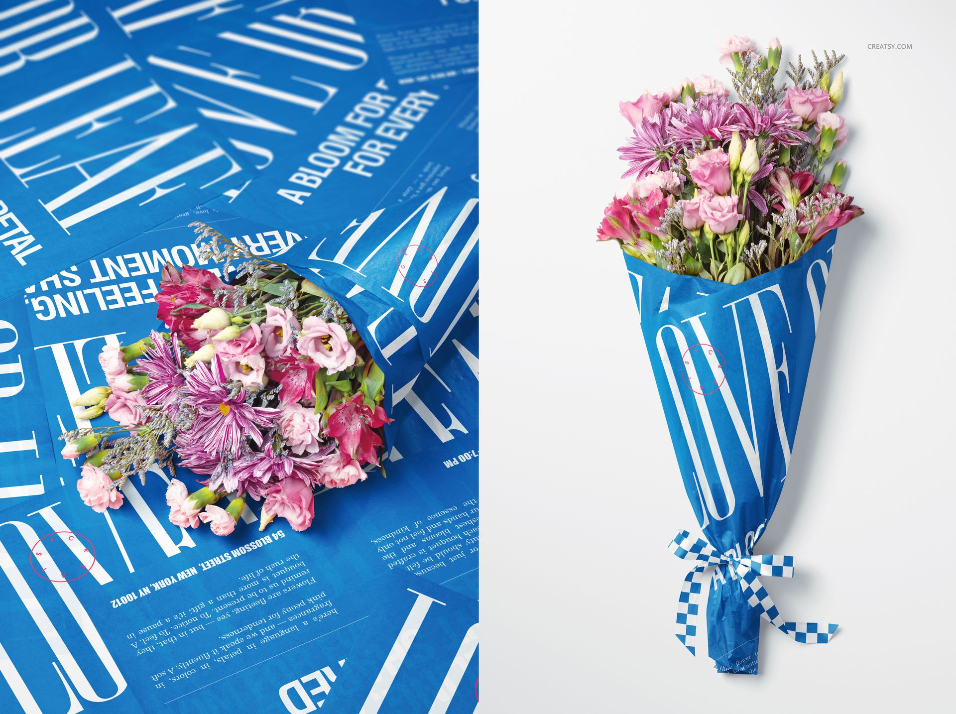 PSD mockup featuring a vibrant floral bouquet in blue and white text wrapping paper, displayed flat and upright.