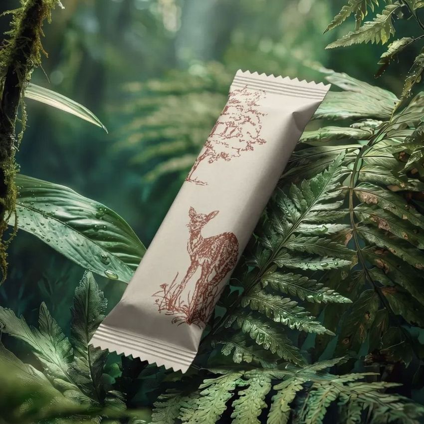 Candy bar mockup with wildlife illustration placed on green tropical jungle foliage, natural light and lush background.