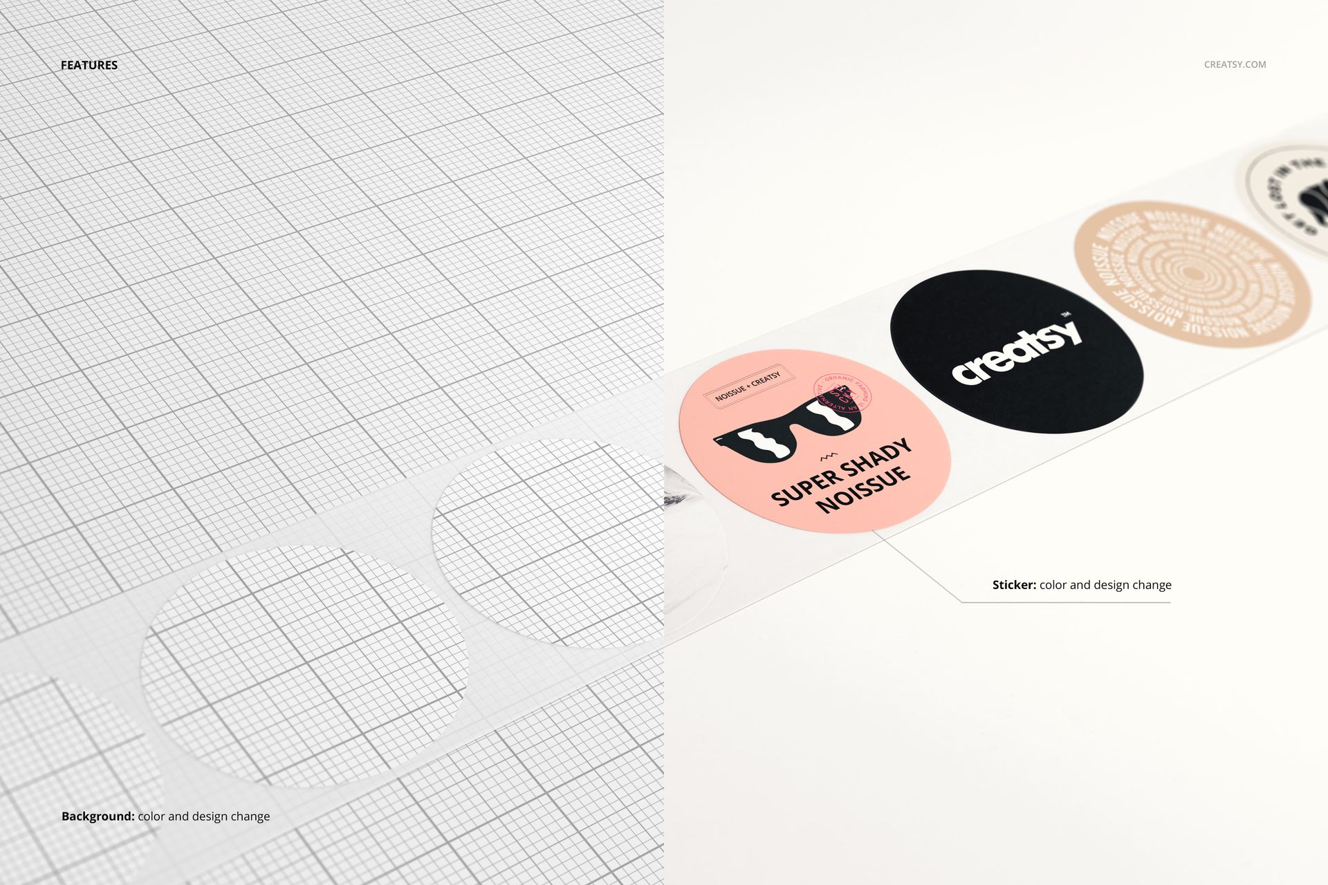 PSD mockup of round stickers on a transparent tape strip, shown from an angled top perspective with grid details.