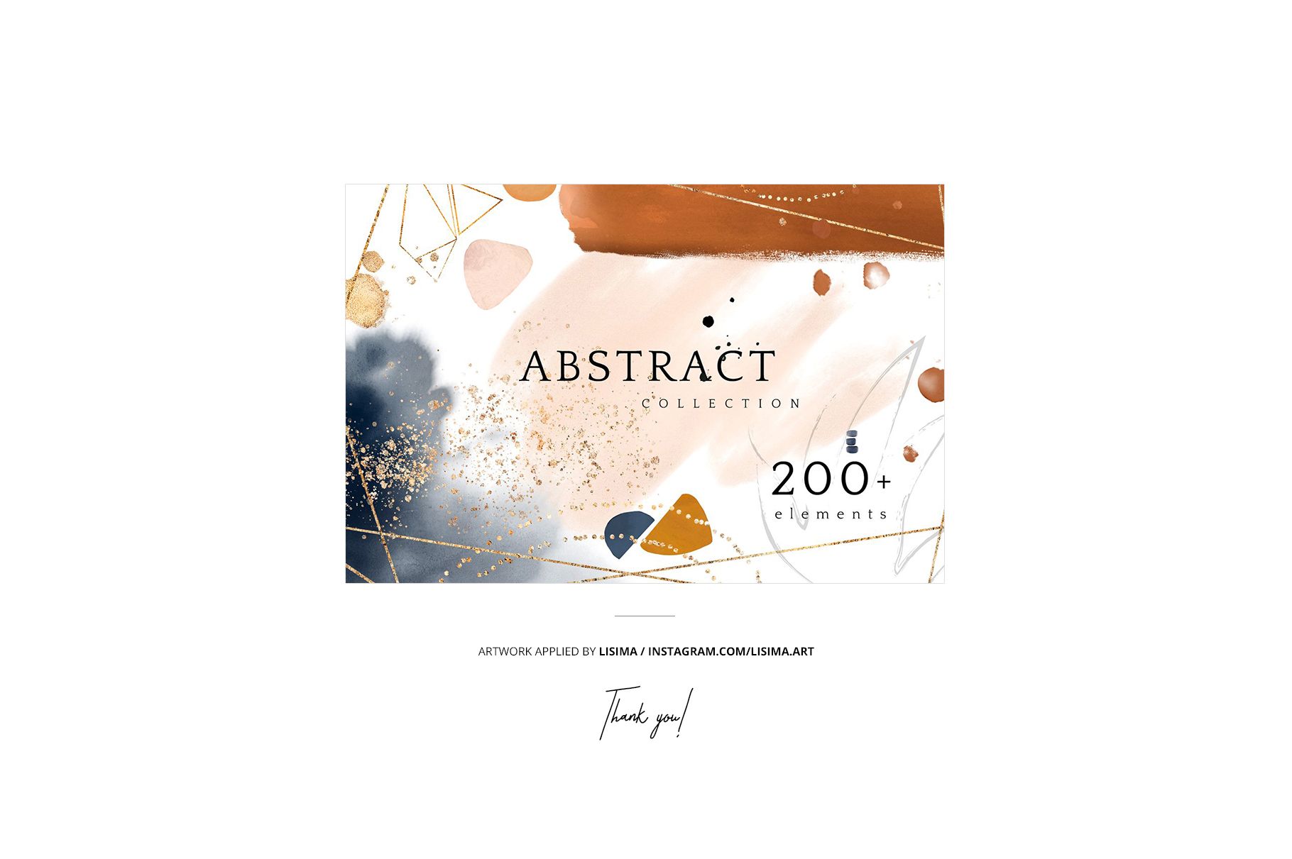 Front view of a tall box mockup featuring abstract brush strokes and geometric gold lines, set against a plain backdrop.