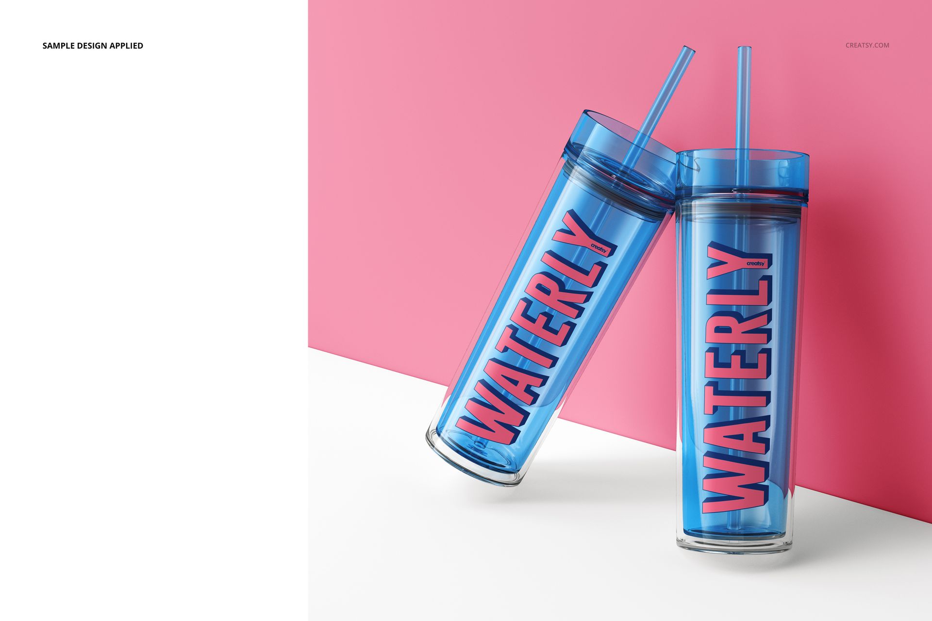 Double-wall acrylic tumbler mockup set showing two transparent tumblers with blue accents and large lettering.