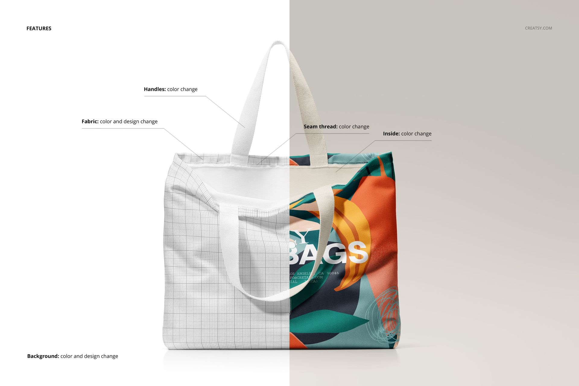 Large poly canvas tote bag mockup shown in front view, half with a white grid pattern and half with a colorful abstract design.
