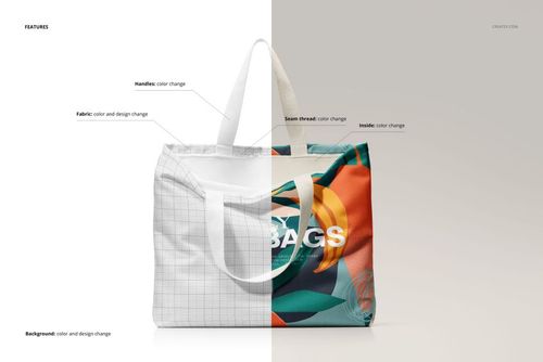Large poly canvas tote bag mockup shown in front view, half with a white grid pattern and half with a colorful abstract design.