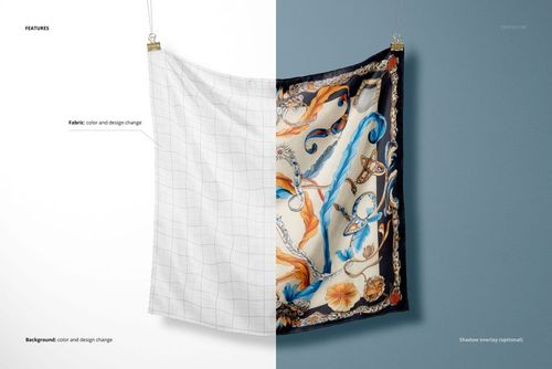 Hanging square silk scarf mockup showing a front view, split between a plain grid pattern and a colorful ornate design.