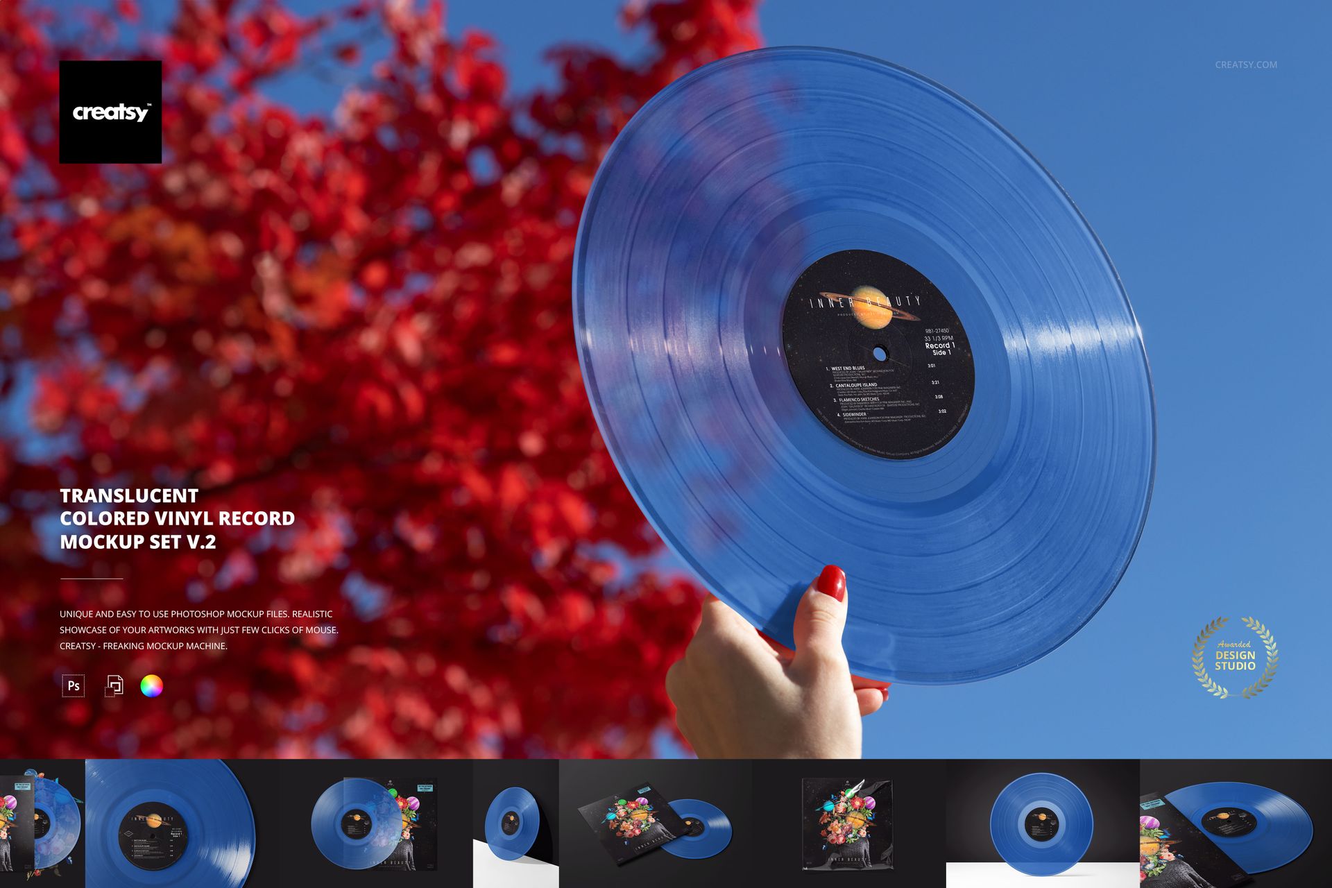 Translucent blue vinyl record mockup shown outdoors, held up by a hand with vibrant red foliage behind.