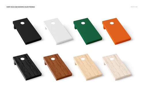 Cornhole board PSD mockup set showing multiple color and wood options, displayed in an organized grid on a plain surface.