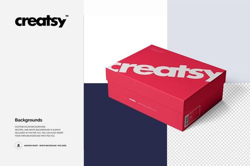 Red shoe box mockup with bold white lettering, shown from an angled top view on a split neutral and transparent background.