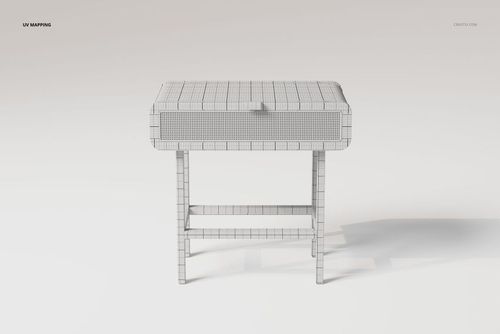 Front view of a rattan dressing table 3D model with a rectangular top, grid wireframe texture, and simple legs.